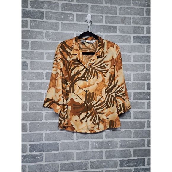 Kathy Che Tops - kathy Che‎ Vintage Womens Palm Print 3/4 Sleeve Collared Button-Up Shirt Size 12
